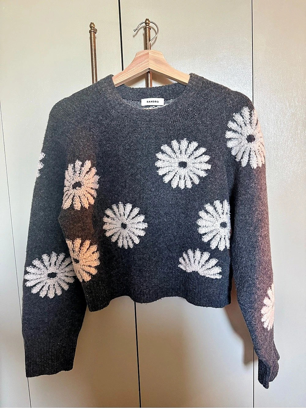 Sandro Grey Daisy Intarsia Knit Sweater XS/S
